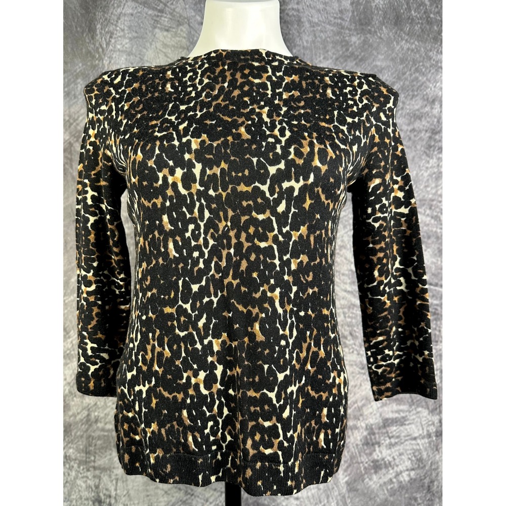 Talbots Sweater Women SP Leopard Print Pure Merino Wool 3/4 Sleeve Knit Top